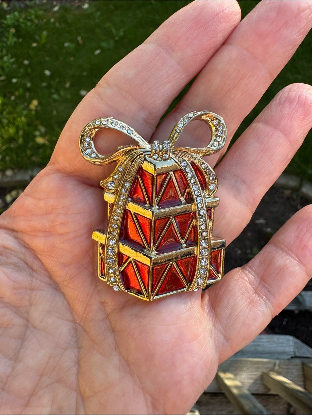 Gold-Tone Red Enamel Gift Box Brooch with Crystal Ribbon